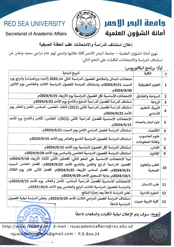 استئناف الدراسة بجامعة البحر الاحمر عقب العطلة الصيفية 2024م